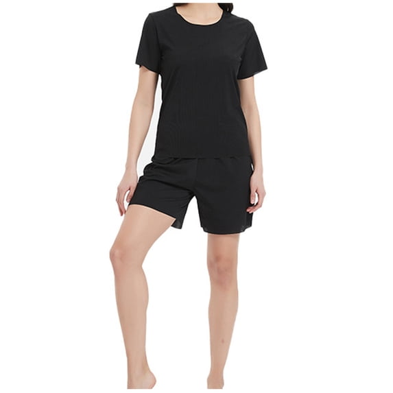Bixock Silk Pajamas for Women Loungewear Set Solid Color Plus Size Short Sleeve Tops and Loose Lightweight Shorts for Home Indoor Use