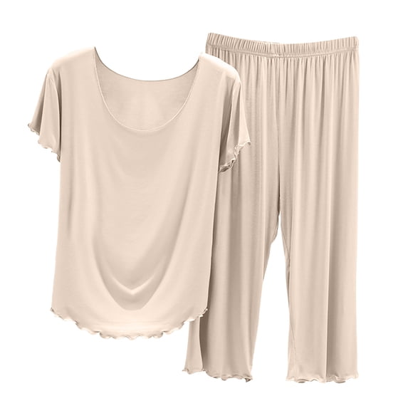 Bixock Pajama Set for Women 2 Piece Loose Solid Color Ruffle Short Sleeve Carpi Pants Lightweight Casual Loungewear Set for Summer Indoor