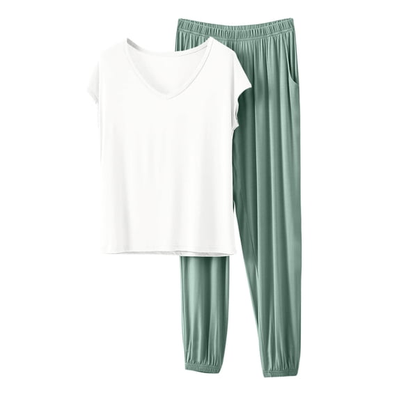 Bixock Pajamas for Women Set Solid Color V Neck Short Sleeve Long Pants Loungewear Set Loose Casual 2 Piece Pjs Sleepwear for Daily Home Wear