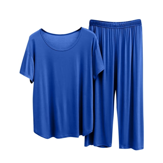 Bixock Pajama Set for Women 2 Piece Solid Color Loose Short Sleeve Carpi Pants Casual Loungewear Set Lightweight for All Season Use