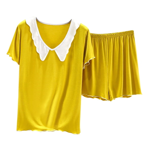 Bixock Pajama Set for Women 2 Piece Solid Color V Neck Short Sleeve Top Shorts Casual Loose Cut Loungewear for Home Indoor