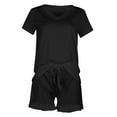 thumbnail image 1 of Bixock Pajama Sets for Women 2 Piece Solid Color V Neck Short Sleeve High Waist Lace Drawstring Shorts Casual Loungewear Set for Indoor Use, 1 of 4