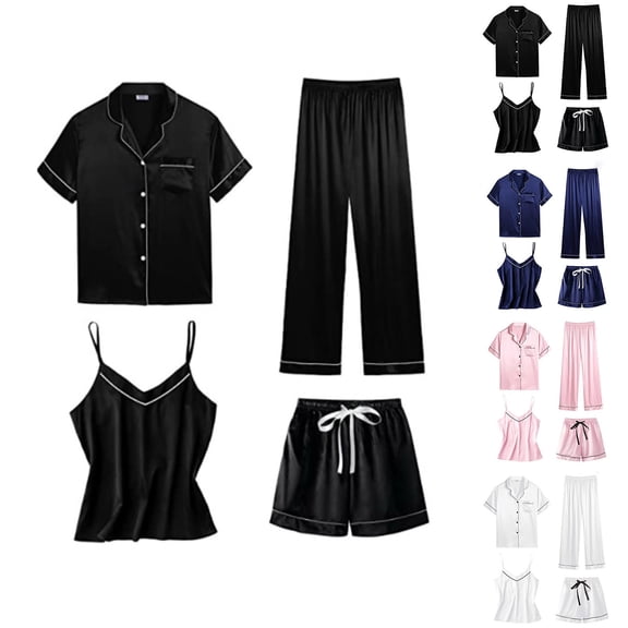 Bixock Pajamas for Women,Bathrobe for Women,Silk Robes for Women 4 Piece Set Satin Robe with Matching Loungewear Solid Color Classic Lightweight Comfortable Sleepwear