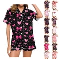 thumbnail image 1 of Bixock Pajamas for Women 2 Piece Loungewear Set Valentine Print Lapel Collar Short Sleeve Top With Pocket Short Pants Sleepwear, 1 of 6