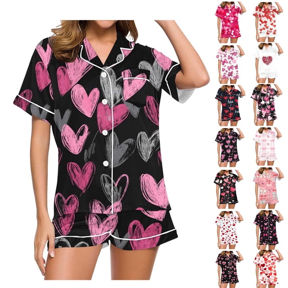 Bixock Pajamas for Women 2 Piece Loungewear Set Valentine Print Lapel Collar Short Sleeve Top With Pocket Short Pants Sleepwear