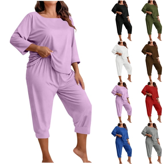 Bixock Pajamas for Women Plus Size Solid Color 3/4 Sleeve Top 3/4 Length Pants Loose Loungewear Sleepwear