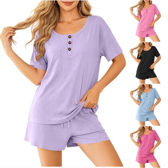 Bixock Pajamas for Women Set 2 Piece Pjs Set Short Sleeve Top Short Pant Crew Neck Loose Light Summer Loungewear Women Clothings