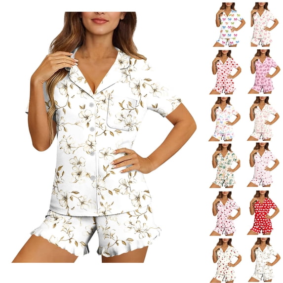 Bixock Pajamas for Women Set Button Down Short Sleeve Top And Short Pants Casual Daily Wear 2 Piece Loungewear Sleepwear