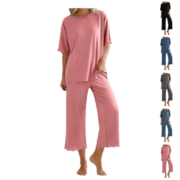 Bixock Pajamas for Women Solid Color Ice Silk Short Sleeve Top Lace Neck Long Pants 2 Piece Loungewear Sleepwear