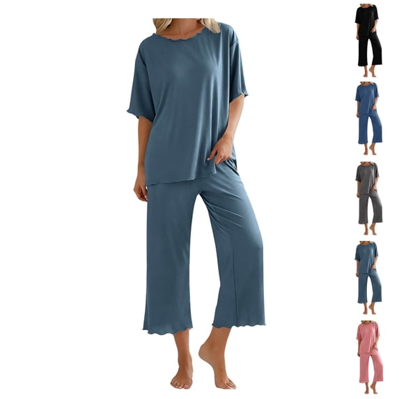 Bixock Pajamas for Women Solid Color Ice Silk Short Sleeve Top Lace Neck Long Pants 2 Piece Loungewear Sleepwear