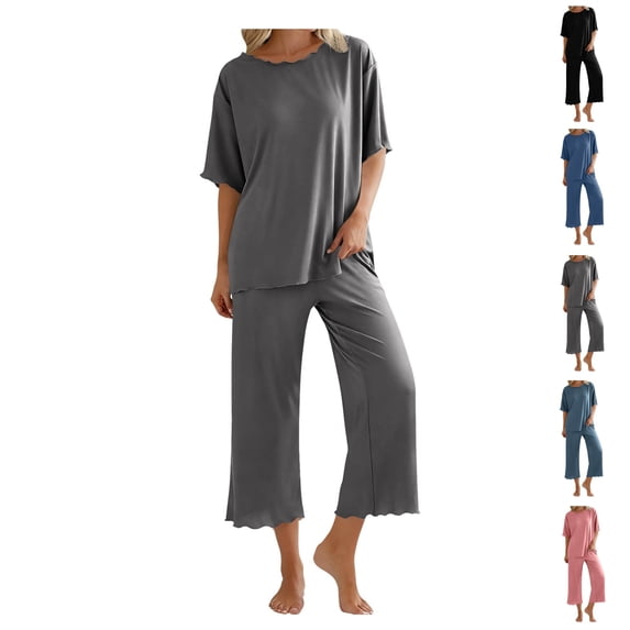 Bixock Pajamas for Women Solid Color Ice Silk Short Sleeve Top Lace Neck Long Pants 2 Piece Loungewear Sleepwear