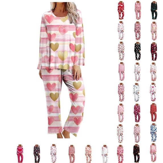 Bixock Pajamas for Women Valentines Pajamas Random Print Long Sleeve Top With Pocket 3/4 Length Pants 2 Piece Loungewear Set Sleepwear