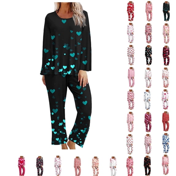 Bixock Pajamas for Women Valentines Pajamas Random Print Long Sleeve Top With Pocket 3/4 Length Pants 2 Piece Loungewear Set Sleepwear