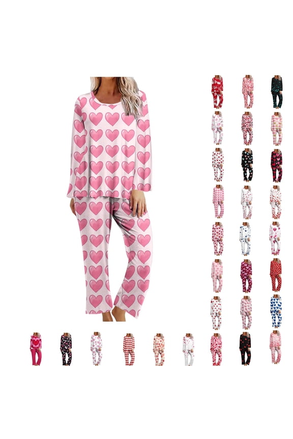 Pajamas for Women Valentines Pajamas Random Print Long Sleeve Top With Pocket 3/4 Length Pants 2 Piece Loungewear Set Sleepwear