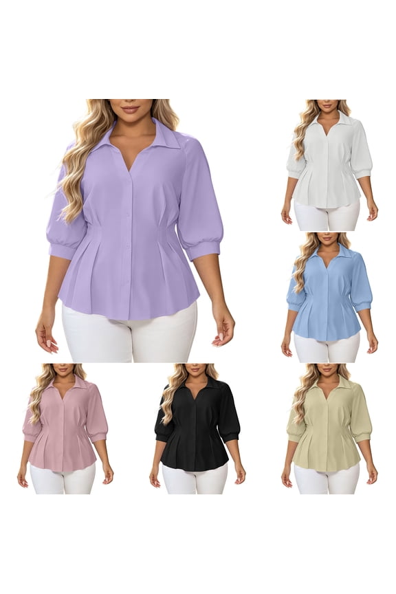 Plus Size Maternity Tops 3/4 Sleeve V Neck Loose Pregnancy Dress Blouse Casual Button Down Maternity Shirt Summer Maternity Clothes