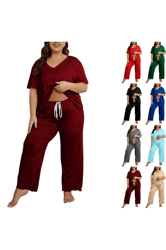 Plus Size Pajamas for Women,Women's Pajama Set Solid Color V Neck Short Sleeve Top Elastic Drawstring Waist Long Pants With Pocket Sleepwear