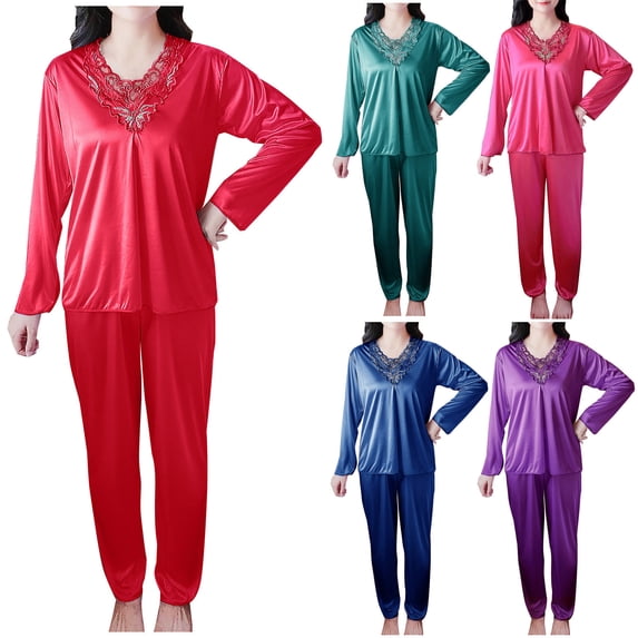 Bixock Plus Size Pajamas for Women,Womens Pajama Set Lightweight Long Sleeve V Neck Satin Silk Like Top 2 Piece Loungewear Sleepwear