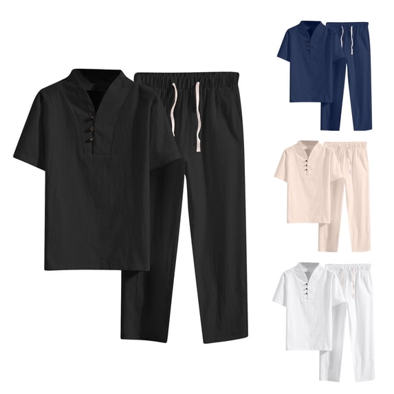 Bixock Plus Size Sweatsuit Outfits fot Men,2 Piece Set for Men Solid Color Linen Short Sleeve V Neck Button Shirt and Long Pants Summer Casual Vacation Set