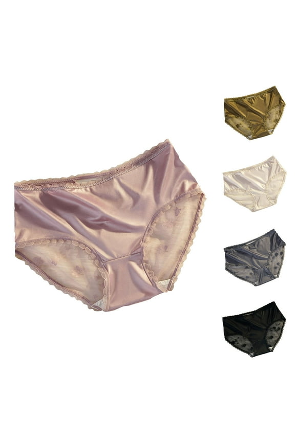 Plus Size Underwear for Women,Women's Seamless Underwear,Mid Waist Lace Satin Patchwork Solid Color Bare Feel Thin Summer Ladies Underwear Briefs