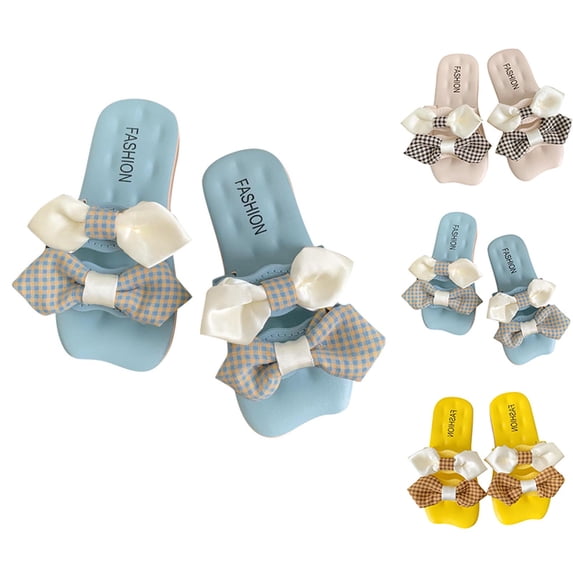 Bixock Toddler Girls Sandals Summer Plaid Print With Double Bow Solid Color Soft Sole Non Slide Beach Toddler Sandals Shoes