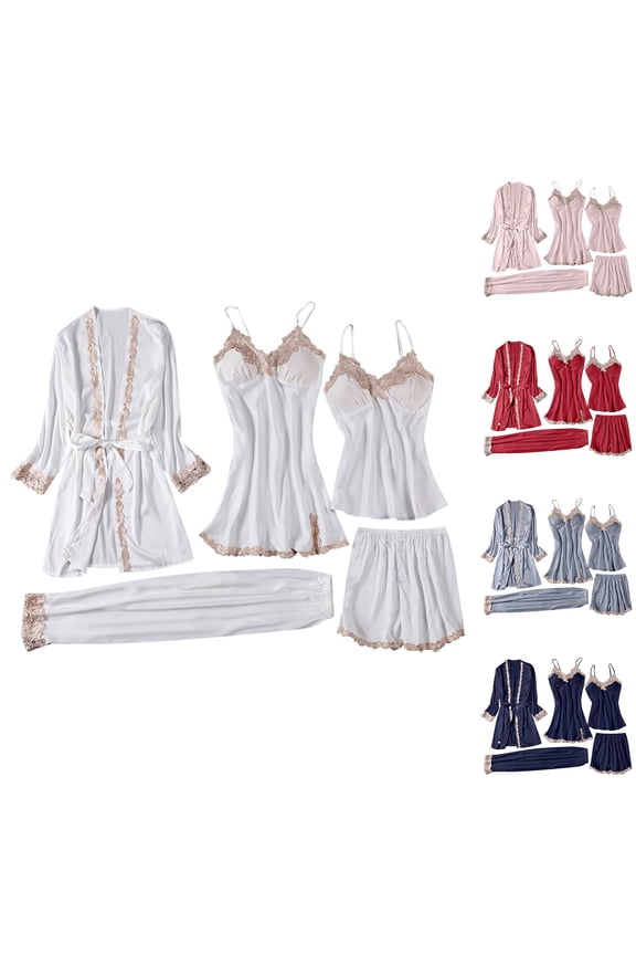 Silk Pajama Set for Women 2 Piece Loungewear Set Soft Satin 5 Piece Camisole Robe Plus Size Casual Nightwear Sleepwear