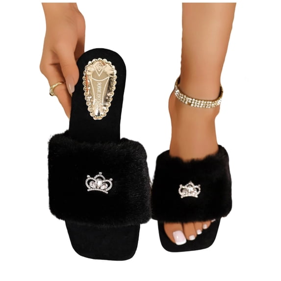 Bixock Slippers for Womens Indoor House Cotton Shoes Rhinestone Hardware Open Toe Slide Fleece Lined For Fall Winter Women Shoes