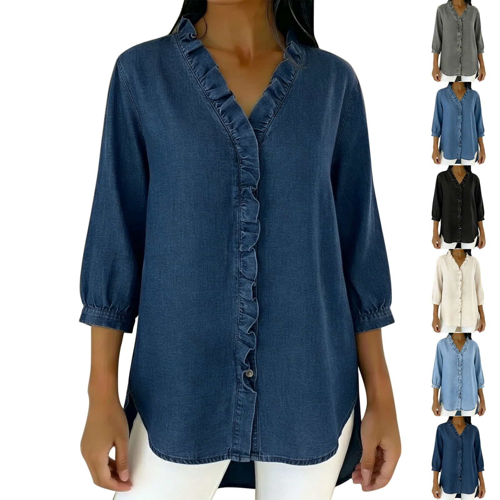 Bixock Summer 3/4 Length Sleeve Women's Tops Denim Look V Neck Ruffle ...
