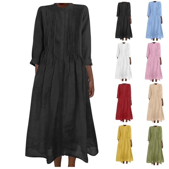 Bixock Summer Casual Dresses for Women Solid Color Crew Neck Long Sleeve Cotton Linen Loose Beach Vacation Maxi Dress