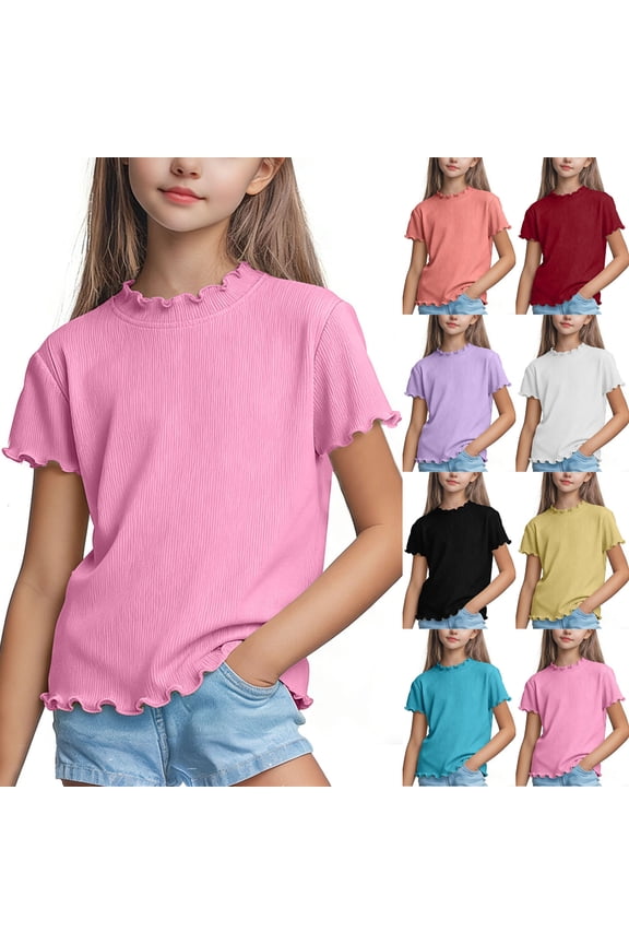 Toddler Girls Short Sleeve Shirts Solid Color T Shirt Ruffle Crew Neck able Tops Toddler Clothes 1Y-10Y