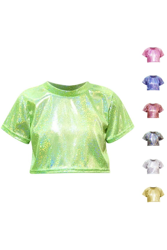 Summer Casual Tops for Toddler,Short Sleeve Shirt for Boys and Girls,Shirts for Kids Girls Short Sleeve One Shoulder Laser Shiny Crop Top Athletic Performance Tops