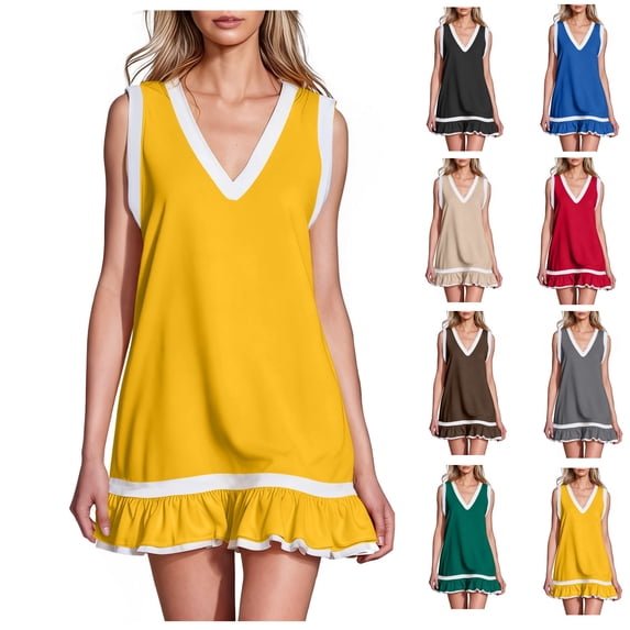 Bixock Summer Dresses for Women,Women's Casual Dresses V Neck Solid Color Sleeveless Tank Dresses High Waist A Line Vacation for Women with Pockets T-shirt Sundresses