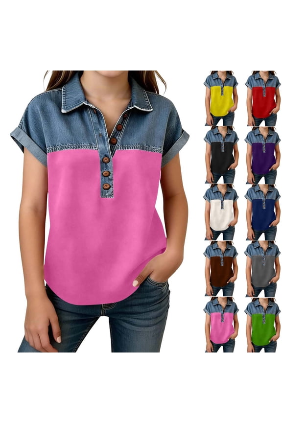 Summer Girls Tops,Toddler Girls Denim Shirt,Kids Button Front Shirt Girls 4-15 Years Short Sleeve Lapel Collar Breathable Outdoor Sport Casual Outer Top