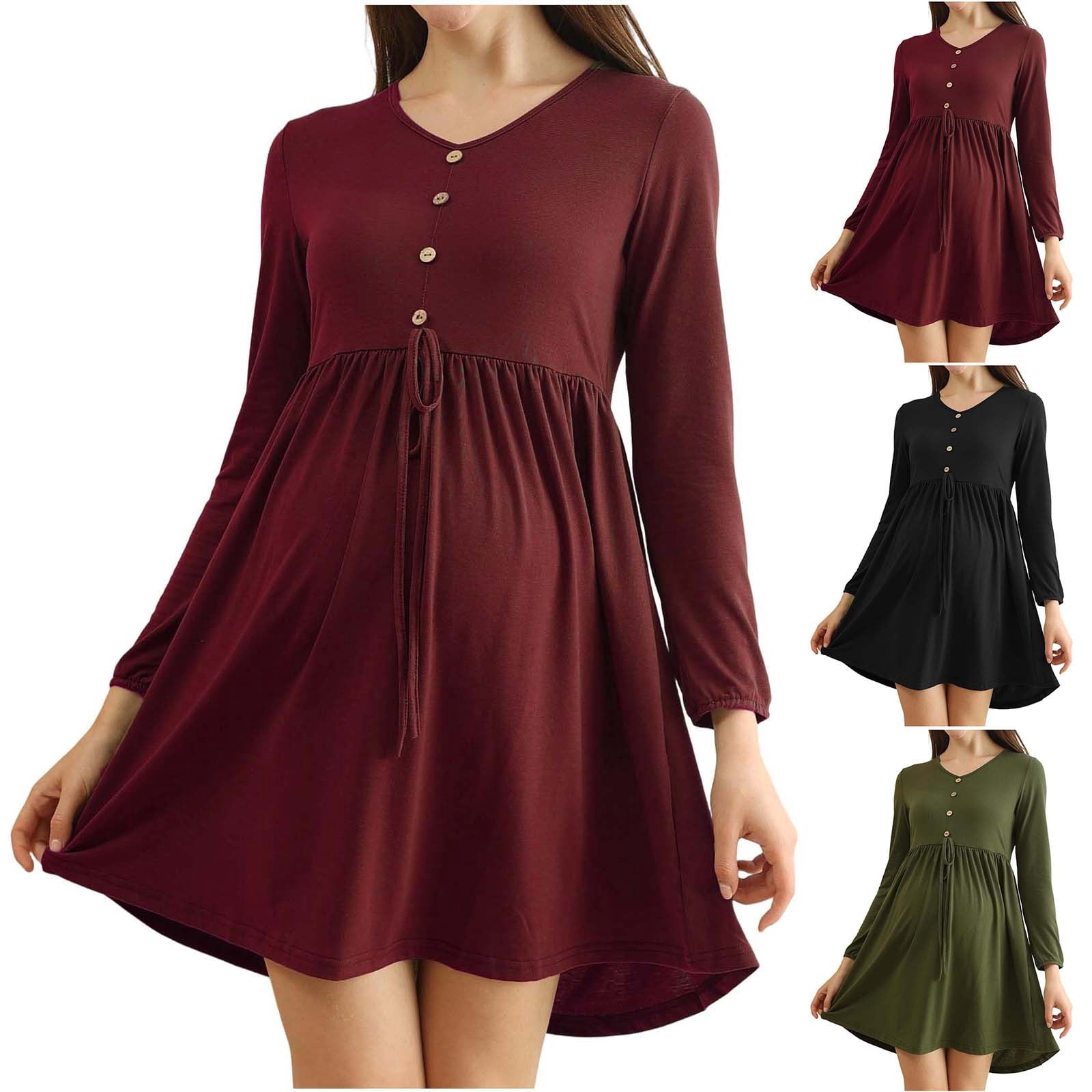 Bixock Summer Maternity Dresses Round Neck Long Sleeve Solid Color ...