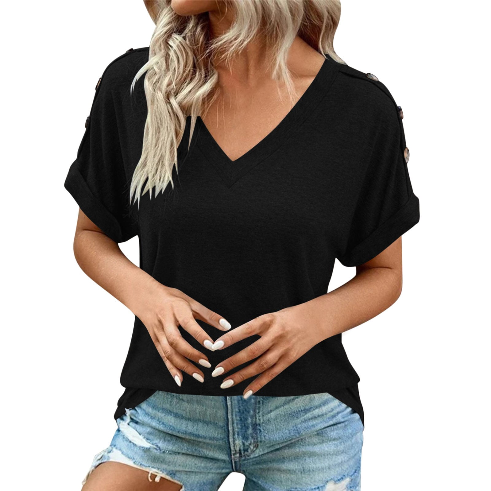 Bixock Summer Shirts for Women Going Out Tops Solid Color V Neck Short ...