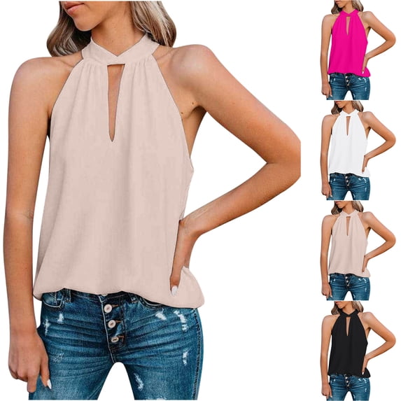 Bixock Summer Tank Tops for Women,Camisole Tops for women,Blouse for Women Solid Color Chiffon Neck Back Sleeveless Casual Loose Daily Wear Shirts