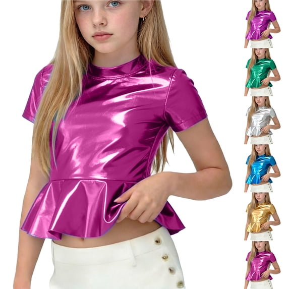 Bixock Summer Tops,Toddler Basic Short Sleeve Tee,Girls Metallic Shiny Short Sleeve Tops for Big Kids Tops Crew Neck Carnival Party Performance Tops