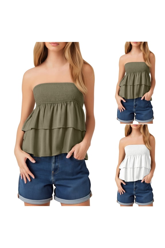 Summer Tops for Women,Plus Size Tank Tops for Women,Blouse for Women Solid Color Cotton Bandeau Tube Top Off Shoulder Double Smocked Sleeveless Casual Lightweight Shirts