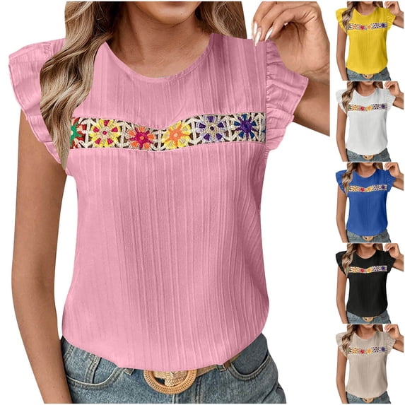 Bixock Tank Tops for Womens Sleeveless Blouse Hollow Out Spliced Crew Neck Lace Loose Casual Shirts Daily Fashion Top Beach Vacation Summer Clothes