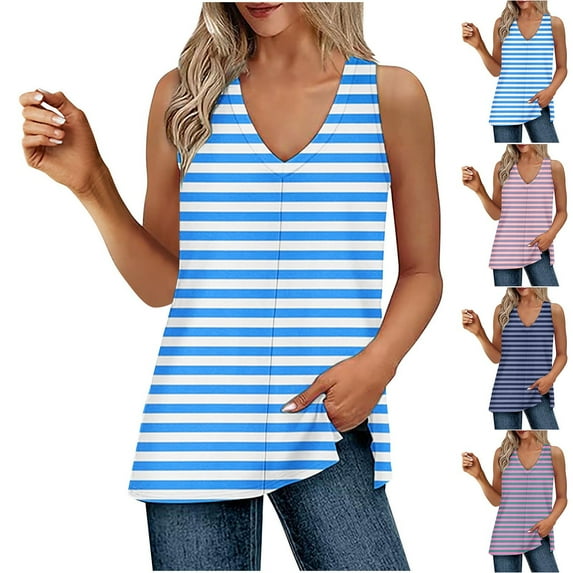 Bixock Summer Women Tops,Tank Tops for Women,Blouse for Women Stripe Print V Neck Side Slit Detail Sleeveless Casual Loose Lightweight Shirts