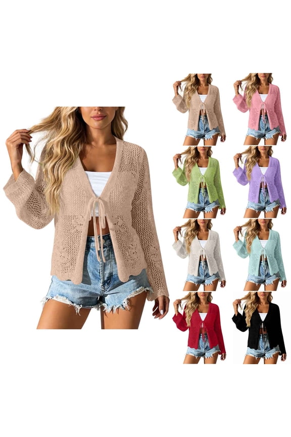 Summer Women's Clothing,Long Sleeve Shirts for Women,Blouse for Women Solid Color Hollow Out Knit Cardigan Beach Casual Light Tops