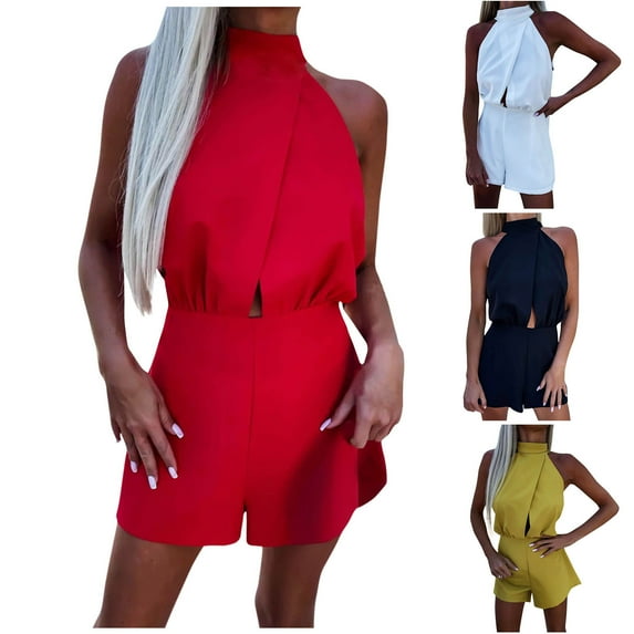 Bixock Summer Women's Jumpsuit Solid Color Crew Neck Sleeveless ...