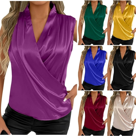 Bixock Summer Women's Tops,Slik Tank Tops for Women,Blouse for Women Solid Color Satin Shirt Pleated Detail Sleeveless Casual Loose Daily Wear Shirts