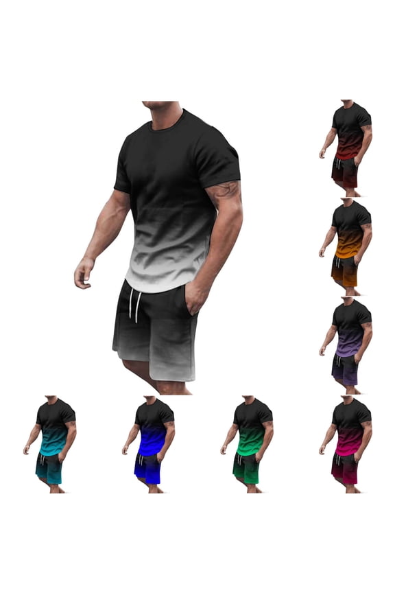 Sweatsuit Outfits for Men,Plus Size 2 Piece Joggings Suits for Men Gradient Print Short Sleeve Crew Neck T Shirt Top and Soft Casual Short Pants Set