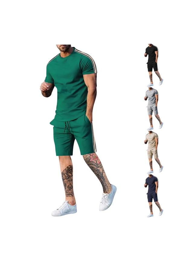 Sweatsuit Outfits for Men,Joggings Suits fot Men Solid Color Short Sleeve Crew Neck Top and Casual Short Pants Daily Wear 2 Piece Set