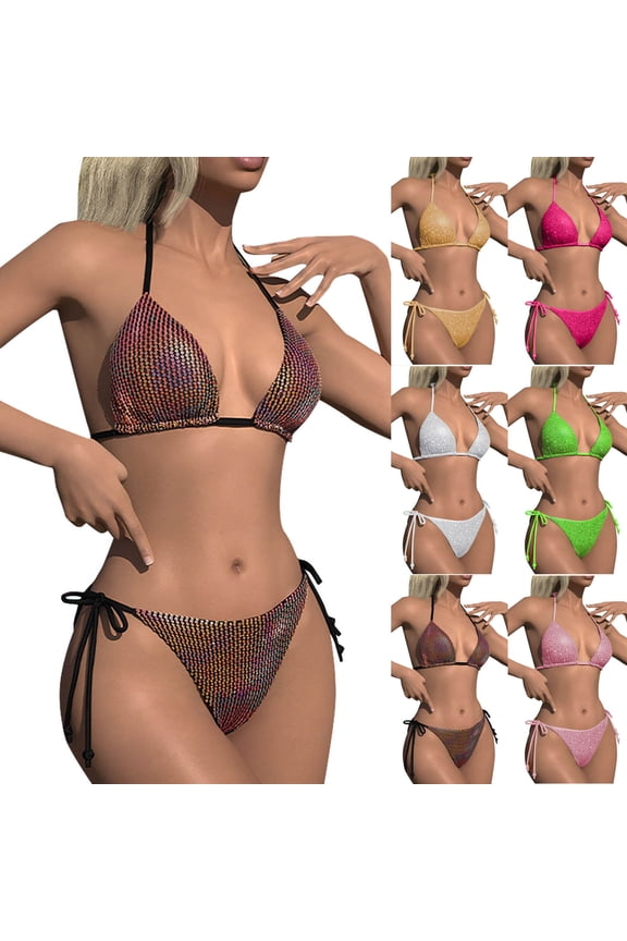 Swimsuit for Women,Bikinis Sets for Women,Women's Swimsuit Solid Color Sequin Ties Swimsuit and Shorts Fashion Bikini 2 Piece Set
