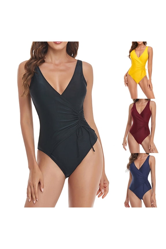 Swimsuit for Women，One-pieces Swimsuit for Women,Women's Swimsuit Solid Color V Neck Strap Ruched Waist Defining Bikini One-pieces Swimsuit