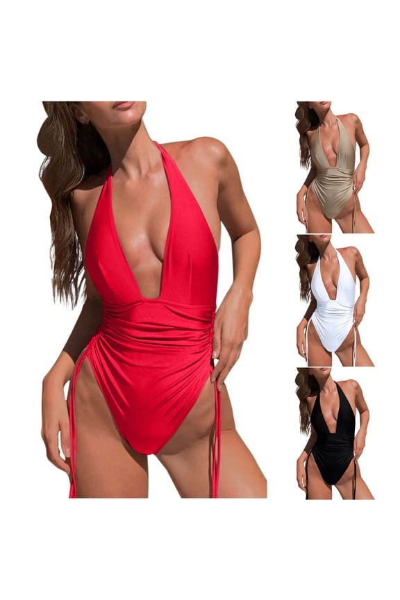 Swimsuit for Women，One-pieces Swimsuit for Women,Women's Swimsuit Solid Color V Neck Ties Ruched Waist Defining Bikini One-pieces Swimsuit