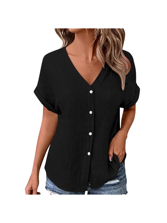 T-Shirts for Women Short Sleeve,V-Neck Casual Blouse,Button Down Open Front Shirt with Pockets Loose T-shirts
