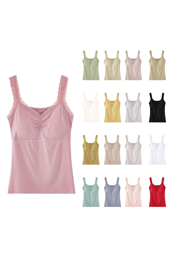 Tank Tops for Women Sleep Cami Tops Round Neck Sleeveless Loungewear Top with Fixed Built In Bra Outerwear Elastic Soft Casual Layering Indoor Sleepwear