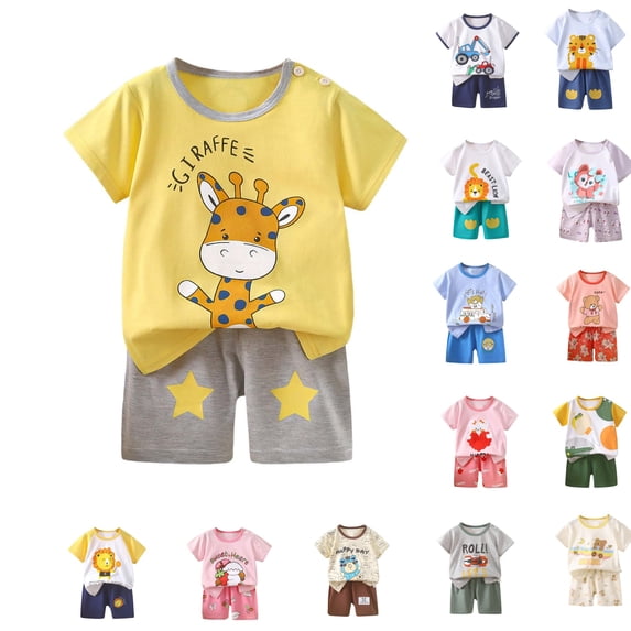 Bixock Boys Girls 2 Piece Loungewear SetPrint Short Sleeve Round Neck Cotton Shirts and Casual Shorts Summer Toddler Clothes Size 0-8Y